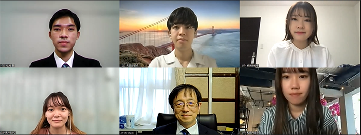 （上段左から松村さん、矢田部さん、柳瀬さん、下段左から小永井さん、高田学院長、和田さん）
