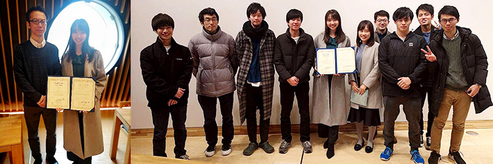 Left: People's Choice Award winner Tan (right) and Tokyo Tech Associate Professor Hirotaka Aoki Right: Tan with members of Aoki Lab