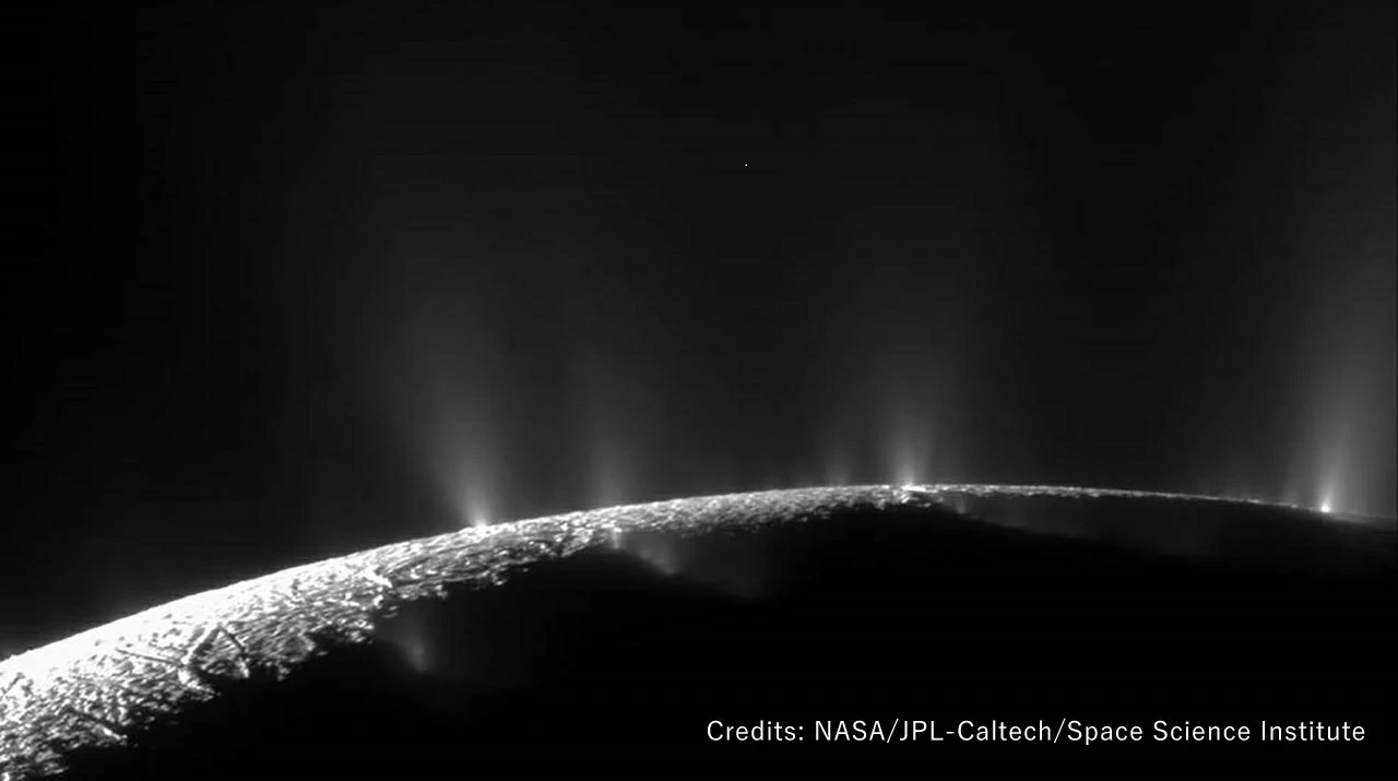 The icy crust at the south pole of Enceladus exhibits large fissures that allow water from the subsurface ocean to spray into space as geysers, forming a plume of icy particles. 