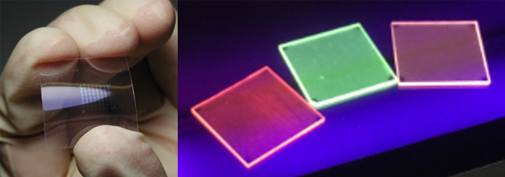 図1. （左）IGZOを使った透明フレキシブルトランジスタ、（右）室温でガラス上に作れる無機発光薄膜