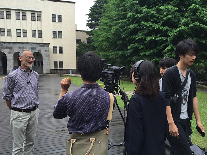 Prof. Stewart recording a video segment with TA Students