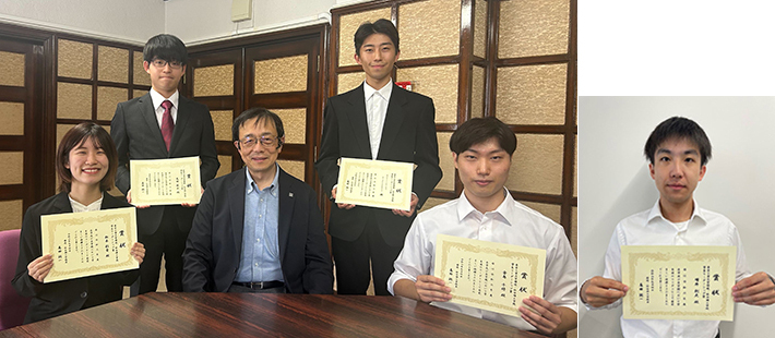 （写真左）前列左から松本さん、高田学院長、倉島さん、後列左から光田さん、Battseren Erdenebatさん、（写真右）学会参加のため授賞式を欠席した増井さん