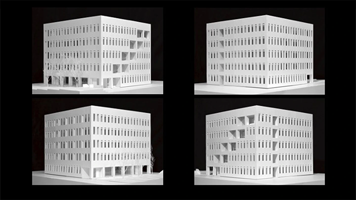 図3:元素戦略MDX研究センターは、縦・横・高さがすべて同じ長さの立方体。4つの側面に配置されている窓は、太陽の向きや用途に合わせてそれぞれ変化をもたせている。大きな窓が水平や斜めに配置されている面はエントランスホールや階段状のラウンジがある場所で、太陽光や風をより多く取り込むことで、人々がリラックスし快適に過ごせる空間になっている。一方、研究施設がある場所は、実験用の設備やパソコンなど熱を発する機器が多いため、太陽光があまり入らない面に配置するなどの工夫を施している。