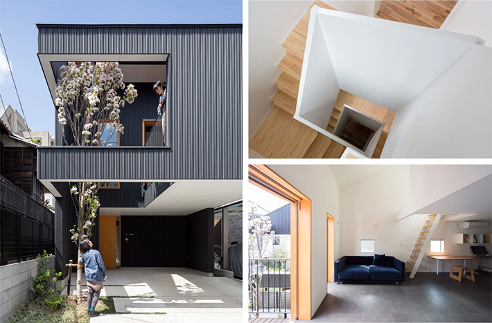 図4:この住宅の中央部には、小さな吹抜けを囲むように階段室が配置されている。階段室では、屋上の中庭と吹抜けから入ってきた太陽光や風を感じることができる。階段室の壁は白で塗られており、光の反射板としても働いている。一方、道路に面したセミ・オープンな中庭には桜が植えられており、「近隣住民に環境のおすそ分けをしています」(村田)(撮影:鈴木淳平 Jumpei Suzuki