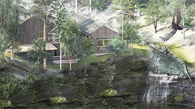 図7:2025年9月にアメリカの別荘建築の国際コンペに参加。既存の木造コテージをリノベーションし、林や渓流、滝といった自然と共生する居場所の創出をコンセプトとした提案を行った。