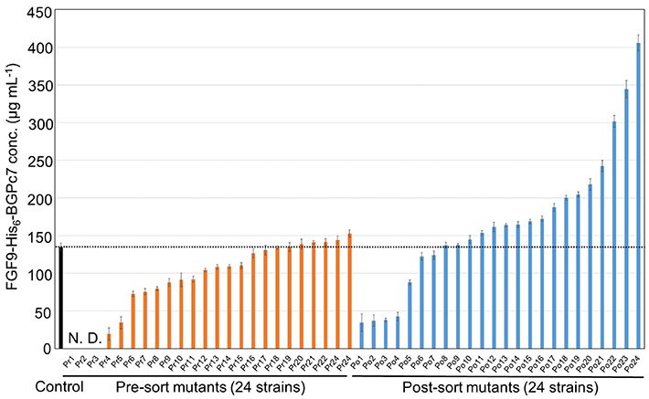 Figure 2 Finding the best performing strain among mutant bacteria The plot shows a comparison of the amount of the desired protein produced between 24 randomly picked strains before sorting and 24 strains picked from the top 50 performers. The best-performing strain produced thrice as much of the desired protein compared to the control strain, showcasing the potential of the proposed approach.