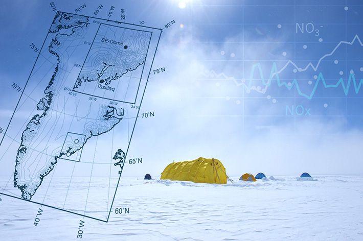 The camp at Southeastern Greenland Dome for drilling the ice core and its location shown on the map