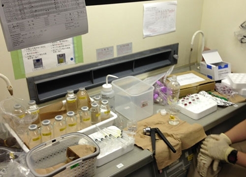 Picture of onboard seawater incubation experiment. 15N-labeled tracer was added to the water sample, and pH was decreased by addition of hydrochloric acid. The manipulated samples are kept in dark at the temperatures same as those at the sampling depth.