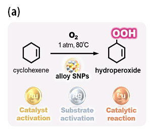 Selective generation of hydroperoxide from hydrocarbon catalyzed by alloy SNPs composed of metals with individual roles (a).