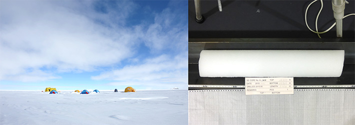 グリーンランドでの掘削キャンプ（左）と掘削されたアイスコア（右）