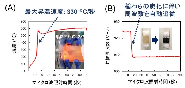 半導体式マイクロ波装置を用いた稲わらの急速昇温。マイクロ波加熱時の（A）温度変化、および（B）共振周波数の変化