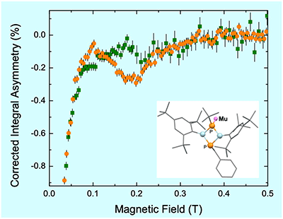 リン複素環とミュオンの相互作用を示すスペクトルとそのモデル