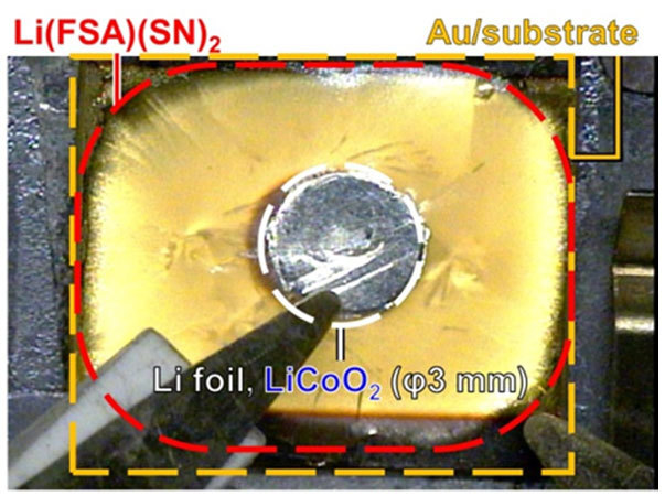 図5：Li(FSA)(SN)2を固体電解質として作製した薄膜全固体電池(Li|Li(FSA)(SN)2|LiCoO2)の外観
