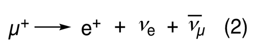 式（2）はミュオンが崩壊して陽電子（e+）二種類のニュートリノを与える反応を示している。
