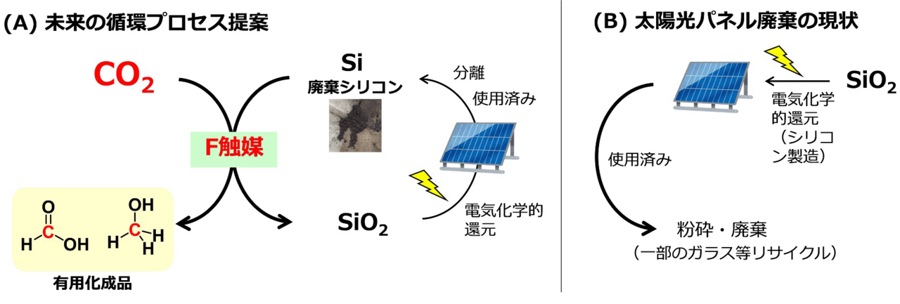 図3. （A）提案する未来の資源循環プロセスと、（B）太陽光パネル廃棄の現状