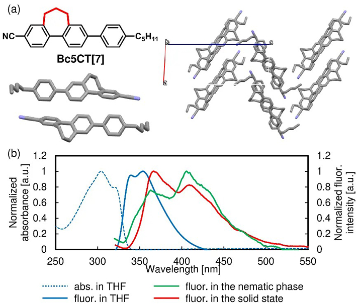図4. （a）Bc5CT[7]の単結晶X線構造解析、（b）B5PhT[7]の吸収・蛍光スペクトル