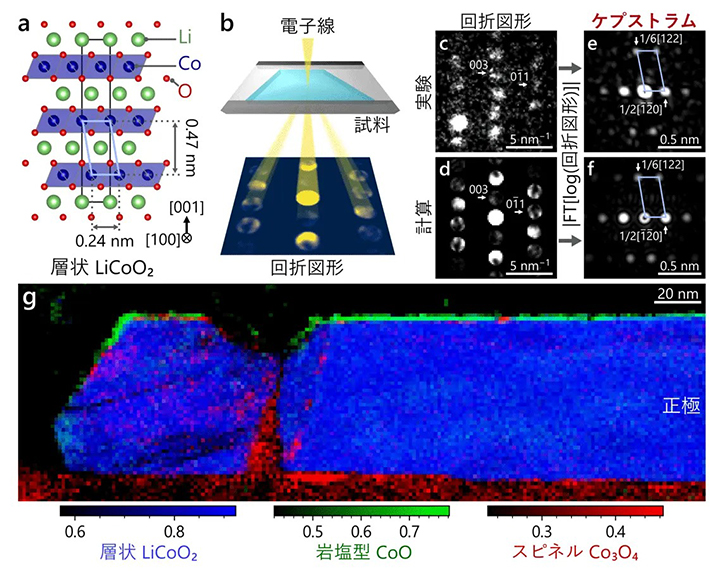 図1．（a）[100]方位から見た層状LiCoO<sub>2</sub>の結晶構造モデル。（b）走査ナノビーム電子回折の模式図。（c）実験と（d）計算の電子回折図形。（e）実験と（f）計算のケプストラム。中心以外の明るいスポットが結晶構造に由来します。（g）結晶構造の合成マップ。青、緑、赤色が強いほど、層状、岩塩、スピネル構造であることを示します。