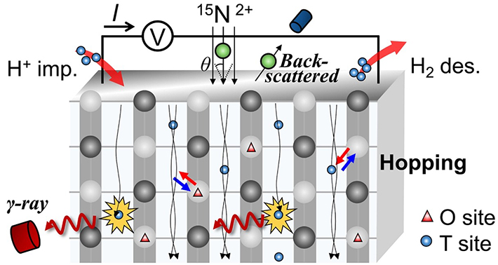 図1. チャネリングNRAと抵抗測定を組み合わせた実験装置の概略図。チャネリングNRAにより水素の結晶サイトを同定し、抵抗測定により水素の拡散速度を計測する。