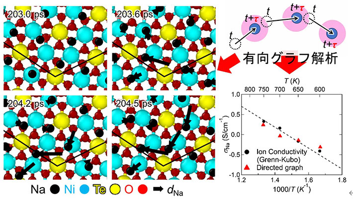 二次元超イオン伝導体Na<sub>2</sub>Ni<sub>2</sub>TeO<sub>6</sub>中の協奏的な輸送が有向グラフ解析により可視化される様子および計算されるイオン伝導度