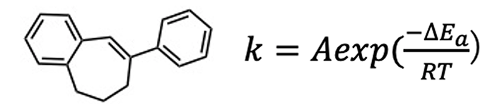 （左）用語1「橋かけスチルベン」の分子構造例、（右）Arrhenius式