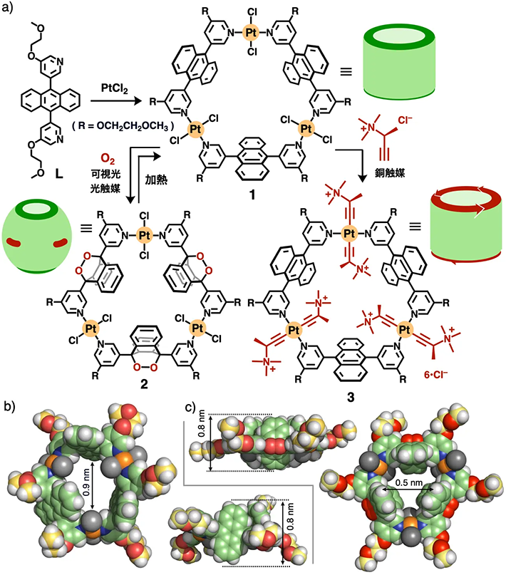 図2. a）超分子サブナノチューブ<strong>1</strong>の作製とその有機配位子と金属部位への修飾による樽型チューブ<strong>2</strong>およびキラルチューブ<strong>3</strong>の作製。b）チューブ<strong>1</strong>およびc）チューブ<strong>2</strong>の結晶構造（正面と横向き）