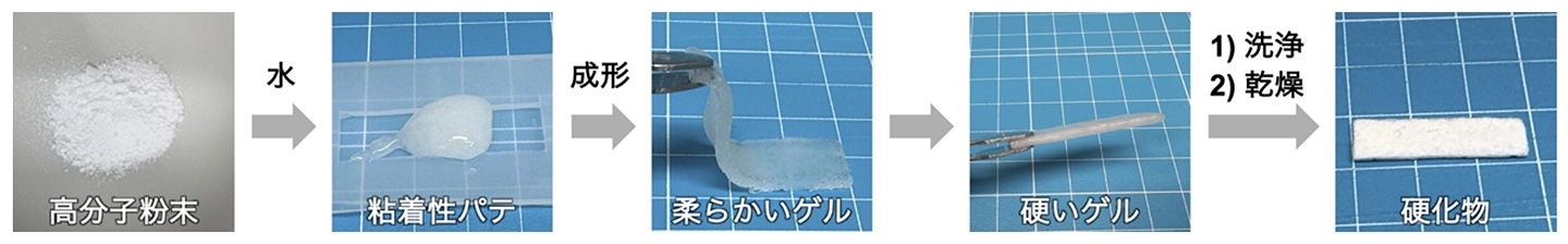 図2. 水の添加に伴う高分子の状態変化。