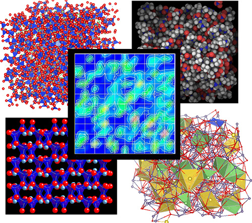 書籍中で扱った種々の系（アルカリケイ酸塩ガラスとその結晶、イオン液体（EMIM-NO3）とそのガラス）についての分子動力学シミュレーションで得られた瞬間構造と解析の例
