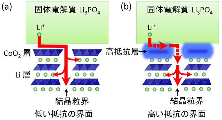 低い抵抗の界面（a）と高い抵抗の界面（b）でのリチウムイオンの振る舞いの違い
