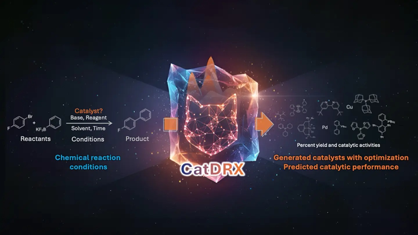 図1. CatDRXによって入力した反応条件に最適な触媒構造が提案される枠組みのイメージ図
