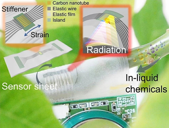 Overview of the research project. The sensor sheet, which fits on a 3-cm square, can be attached to pipes of various sizes and shapes by taking advantage of its elasticity.