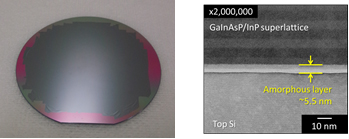 Optical microscope and SEM images of GaInAsP/SOI hybrid wafers.
