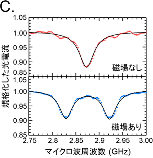 PDMRスペクトル。信号の谷がスピン状態の共鳴点であり、外部磁場による分裂は磁場センサとして機能することを示している。