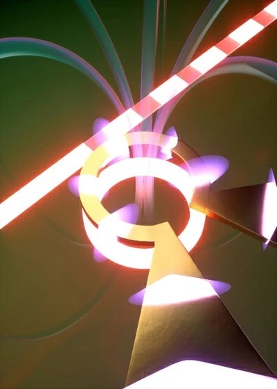 図2 磁気光学効果を用いた光信号変調動作のイメージ図 電気信号（紫色）が金属コイルに流れることで磁界（薄い緑色）が発生する。この磁界が光導波路上の磁気光学ガーネットに作用して光の屈折率に変化をもたらし、左側から入力した光の強さが変化して光信号が生成される。