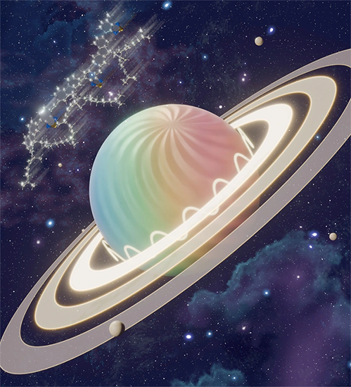 図7. ねじれ双極球体から円環放射状に放射するレーザー発振の様子を土星のような天体に見立てた模式図。