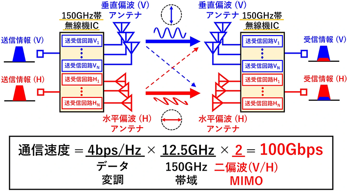 図1. 6G端末に向けたサブテラヘルツ波二偏波MIMOによる100 Gbps超の高速通信
