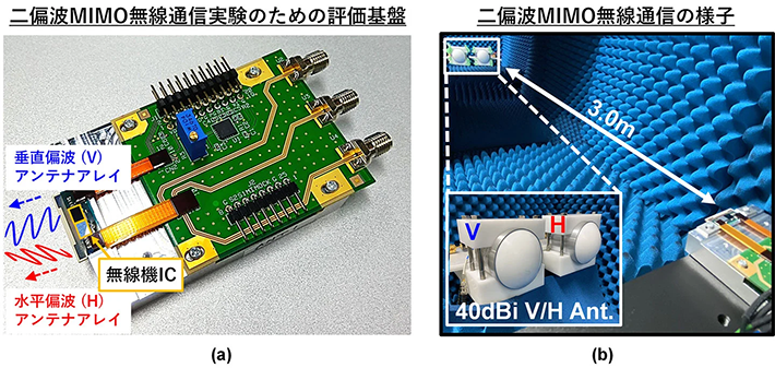 図4. (a)提案する無線機AiPモジュールを搭載した評価基板と、(b)150GHz帯二偏波MIMO通信実験の様子。