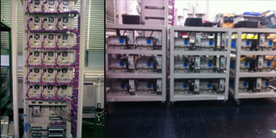 再生可能エネルギーの大量導入に対応可能な次世代電池電力貯蔵装置　（左）18台の電力変換器　（右）18個のリチウムイオンバッテリーモジュール