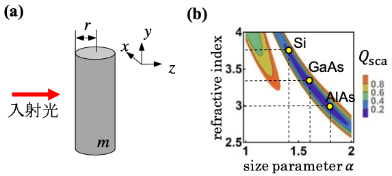 図1. （a）円柱構造 （b）散乱効率のサイズパラメータおよび屈折率依存性