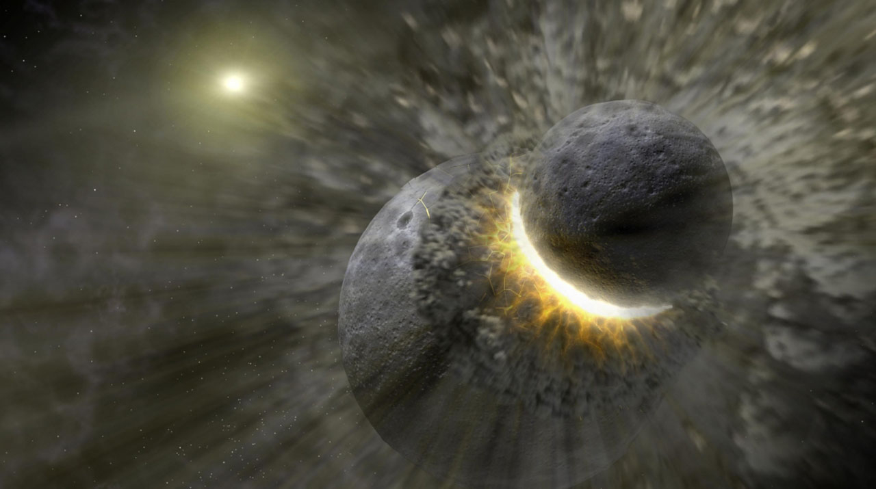 Artist concept illustrates two celestial bodies crashing into each other