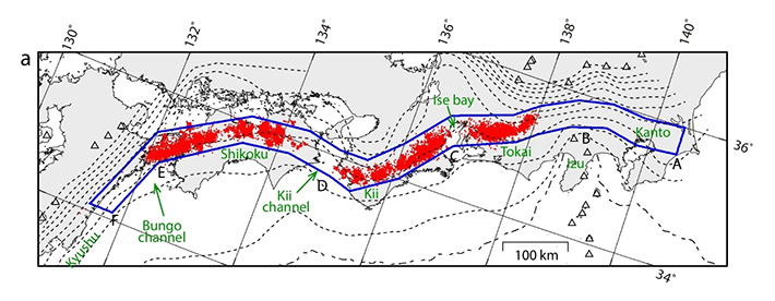 Map of low-frequency earthquake (LFE) activity above the megathrust in the Nankai subduction zone.