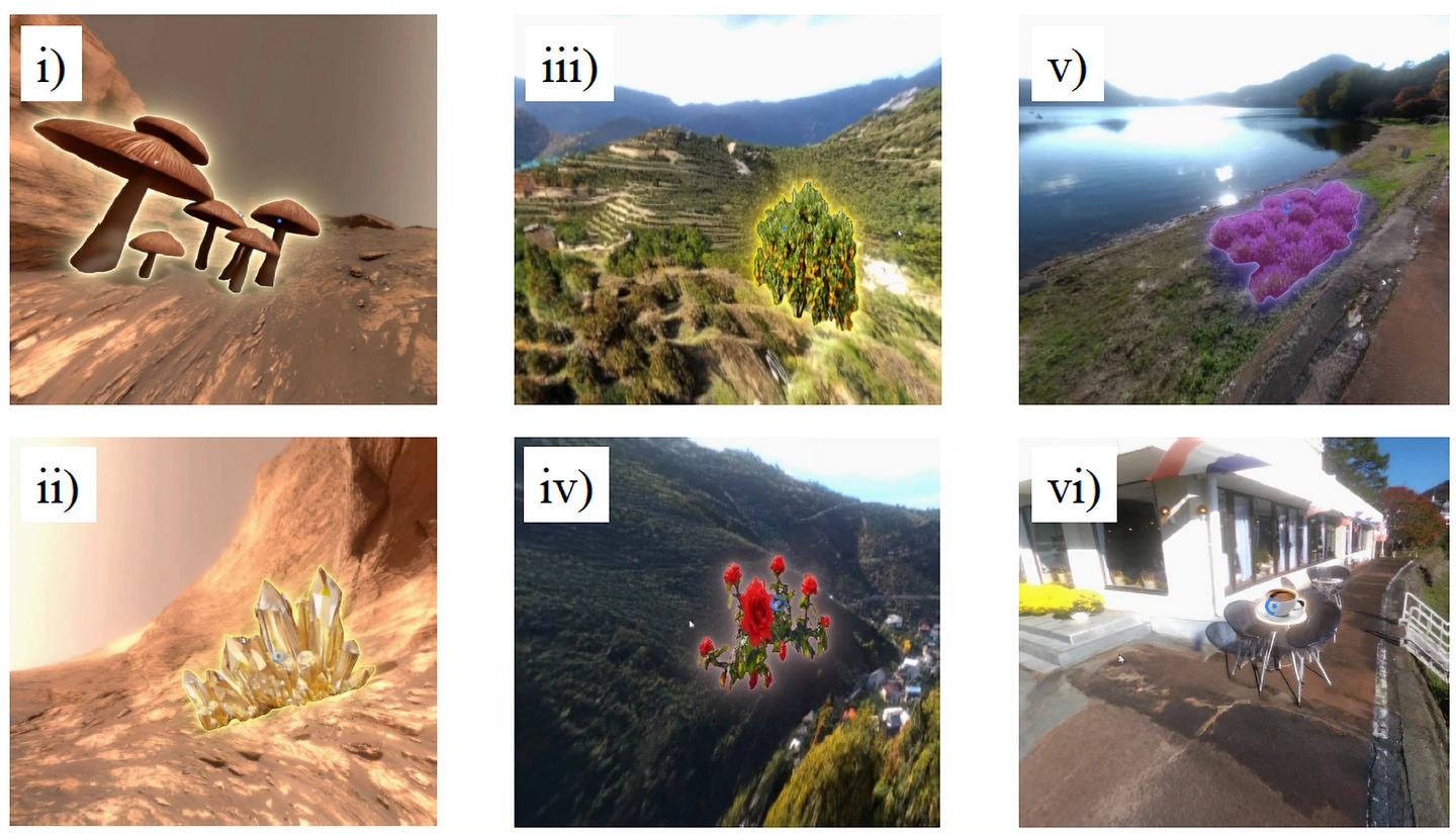 図3. 旅行体験コンテンツの香りスポット。i)マッシュルーム、ii)硫黄、iii) オレンジ、iv) バラ、 v) ラベンダー、vi) コーヒー