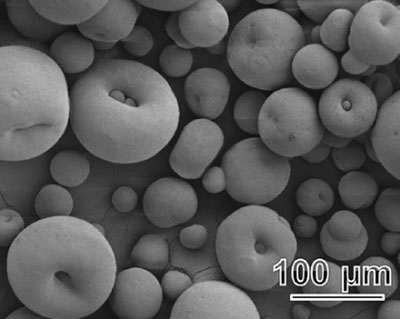 アルミナの顆粒の電子顕微鏡像。大きな顆粒には「窪み」がある。