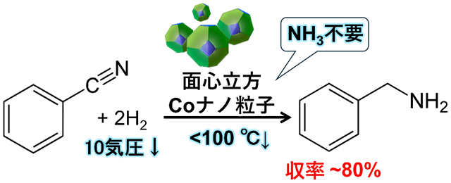 図3 面心立方Coナノ粒子によるニトリルからのアミンの合成 