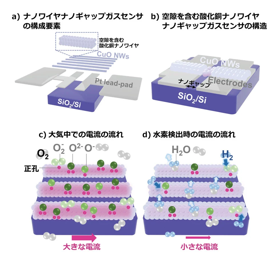 図1. a) 空隙を含む酸化銅ナノワイヤナノギャップガスセンサの構成要素とb) その構造、c) 大気中での電流の流れとd) 水素検出時の電流の流れ。水素が存在すると電流値が変化するので、その電流の大小から水素の存在やその濃度を検出できる。