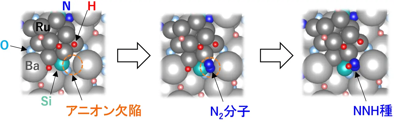 図4.Ru/Ba<sub>3</sub>SiO<sub>5-x</sub>N<sub>y</sub>H<sub>z</sub>触媒の上でのアンモニア合成メカニズム、アニオン欠陥に捕捉された窒素（N2）分子は、二つの窒素原子に分かれてから水素原子と結合するのではなく、水素化されて一旦NNHｘ（x=1-3）の状態となったのちにアンモニアとなる。