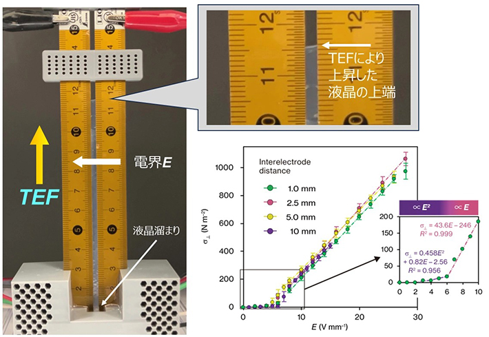 図2.TEFの可視化実験装置(左、右上)と電界依存性(右下)