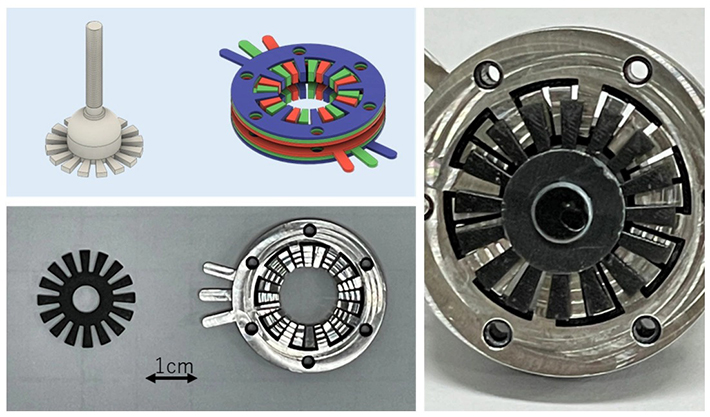 図4.強誘電モータの回転子と固定子のCAD(左上)より作製した試作パーツ(左下)と上側固定子に回転子を組み合わせた状態(右)