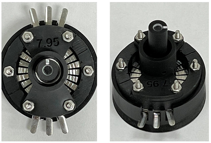 図5.試作した強誘電モータの全体像(左:上面、右:斜め)