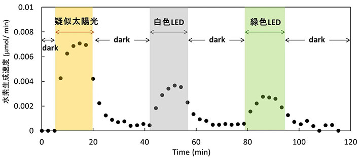 図4. 層状水素化シリカンの水素放出特性（疑似太陽光、白色LED、緑色LEDを用いて照射）。