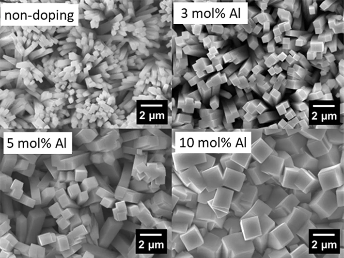 図5. Al塩の添加量を変化させて合成した薄膜状o-Sn<sub>3</sub>O<sub>4</sub>のSEM像